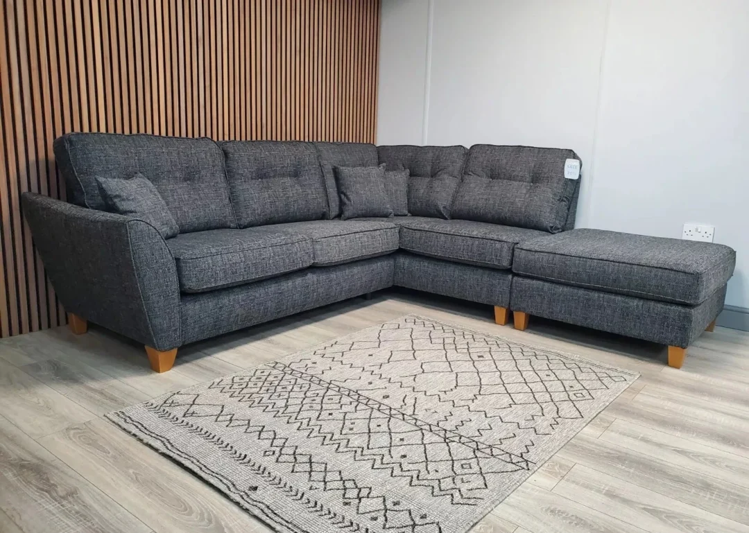 'ASHLEY' 4 SEATER CHAISE CORNER SOFA WITH FOOTSTOOL IN CHARCOAL FABRIC RRP £2398